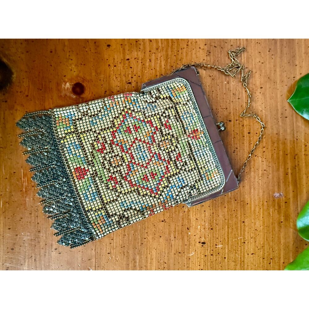 Vintage Whiting & Davis Mesh Purse, Art Deco Enamel Mesh Bag, Mandalian Style